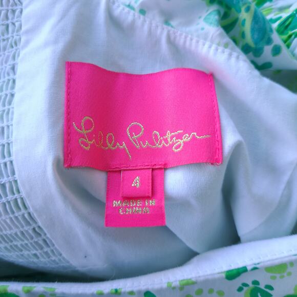 LILLY PULITZER Esteli Romper Size 4 Puff Sleeve Green Party Animals - Picture 10 of 15